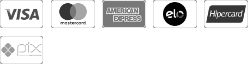 Bandeiras aceitas: Visa, Mastercard, Amex, Elo, Hipercard, Pix
